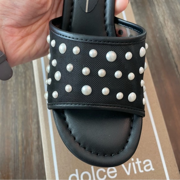 New Dolce Vita Meeza Pearl Sandals Onyx Black Mesh Women’s 8 Kitten Slide Heels - Picture 4 of 10